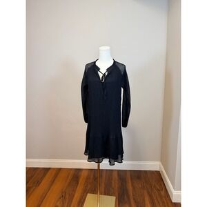 Loft Black Pleated Shift Dress Womens Small Long Sleeve Ruffle Tie Neck Mini